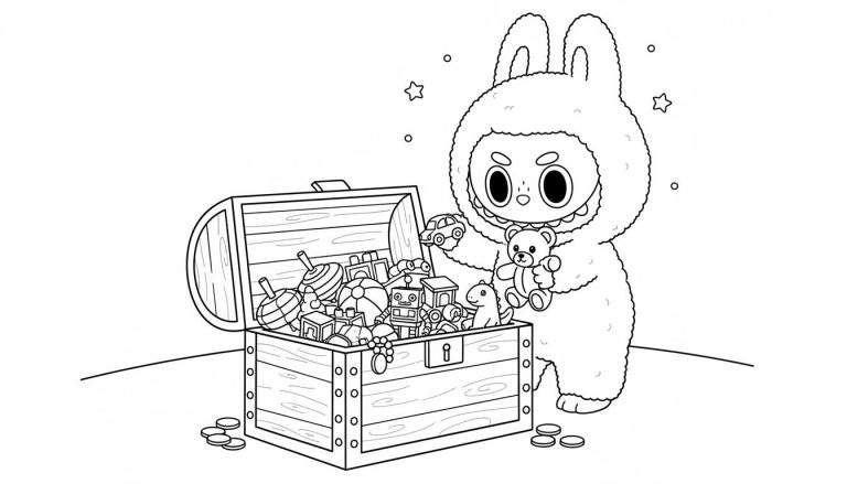 Zwart-wit kleurplaat van Labubu, een pluizig konijnachtig figuurtje met lange oren en grote ogen. Labubu staat naast een open houten schatkist vol speelgoed, waaronder een teddybeer, een autootje, bouwblokken, een robot en een dinosaurus. Voor de kist liggen muntjes. De achtergrond toont zwevende sterretjes en cirkels.