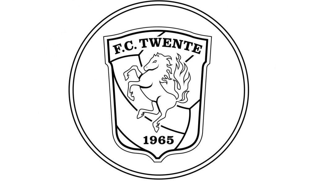 Zwart-wit kleurplaat van het FC Twente logo: een schild met tekst 'F.C. TWENTE', een steigerend paard, gestileerde lijnen op de achtergrond en het jaartal '1965', omrand door een dubbele cirkel.