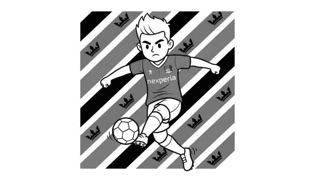 Zwart-wit kleurplaat van een jonge NEC voetballer in cartoon-stijl, die met zijn linkerbeen tegen een voetbal schopt. Hij draagt een shirt met 'Nexperia' en logo's, korte broek en scheenbeschermers. Op de achtergrond diagonale strepen met kleine zwarte kroontjes.