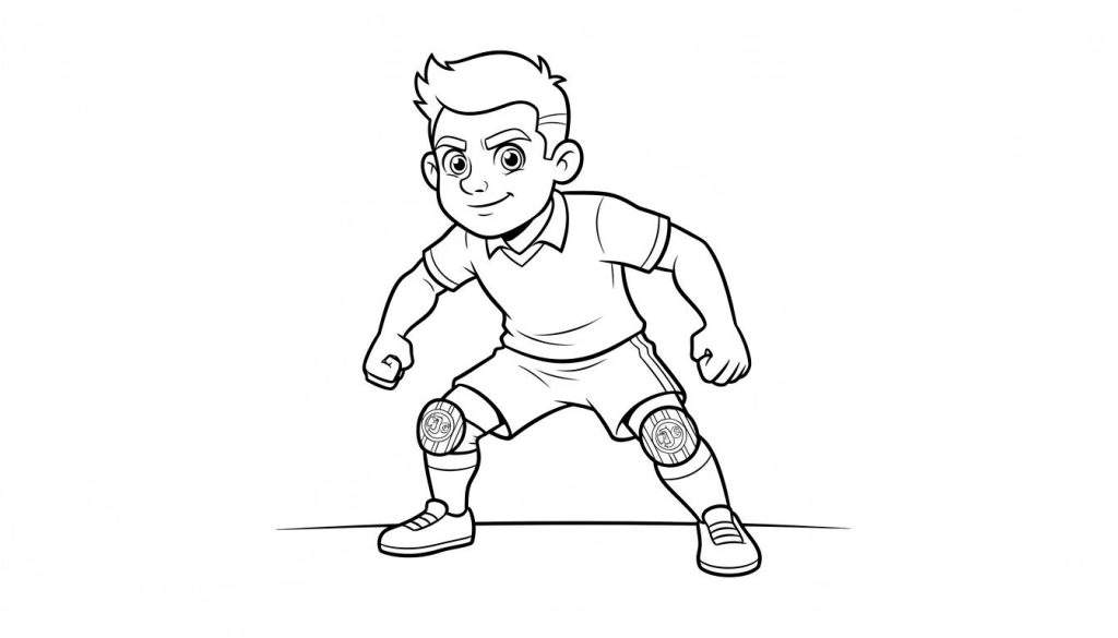 Zwart-wit kleurplaat van een sportieve jongen met stekelig haar en een glimlach. Hij draagt een sportoutfit met 'JC' logo op kniebeschermers en staat klaar voor actie. Roda JC thema.