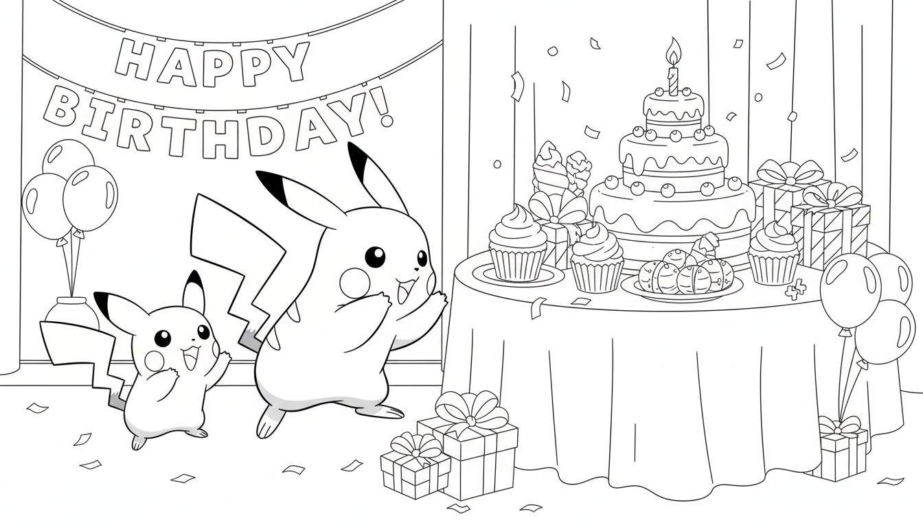 Kleurplaat van twee vrolijke Pikachu's op een verjaardagsfeestje met taart, cadeautjes, ballonnen en confetti.