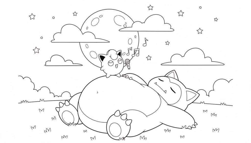 Zwart-wit kleurplaat met slapende Snorlax en Jigglypuff die een slaapliedje zingt in een microfoon op Snorlax' buik, met muzieknoten, volle maan, sterren, wolken en gras in een nachtelijke omgeving.