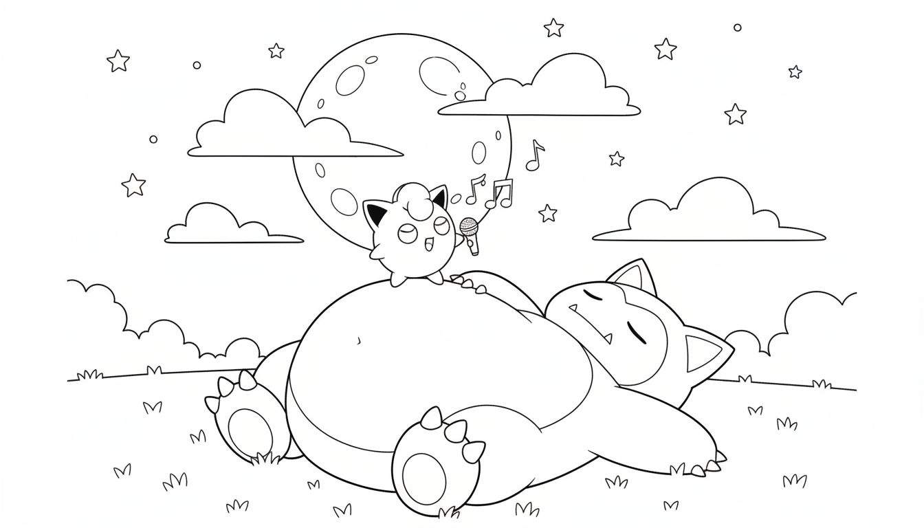 Zwart-wit kleurplaat met slapende Snorlax en Jigglypuff die een slaapliedje zingt in een microfoon op Snorlax' buik, met muzieknoten, volle maan, sterren, wolken en gras in een nachtelijke omgeving.