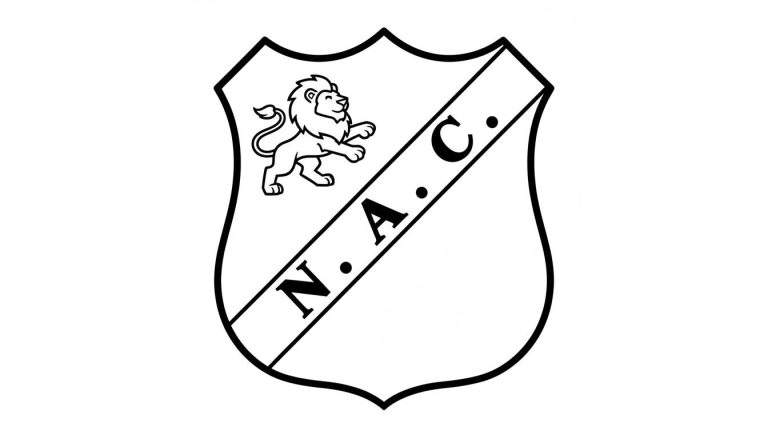 Zwart-witte lijntekening van het NAC Breda clublogo, met een naar rechts lopende leeuw linksboven en de letters "N. A. C." op een diagonale band in een schild.