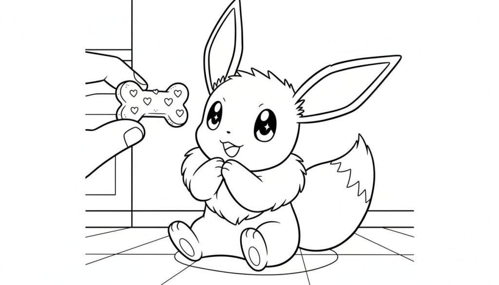 Zwart-wit kleurplaat van Eevee die blij en verwachtingsvol omhoog kijkt naar een hand die een botvormig koekje met hartjes vasthoudt.