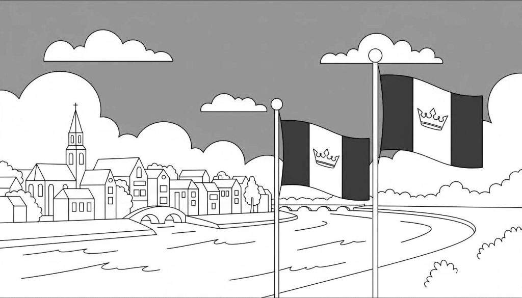 Zwart-wit kleurplaat van een landschap met een dorp, rivier, stenen boogbrug en twee vlaggen met een kroon, symbolisch voor voetbalclub PEC Zwolle. De lucht toont donkere wolken.