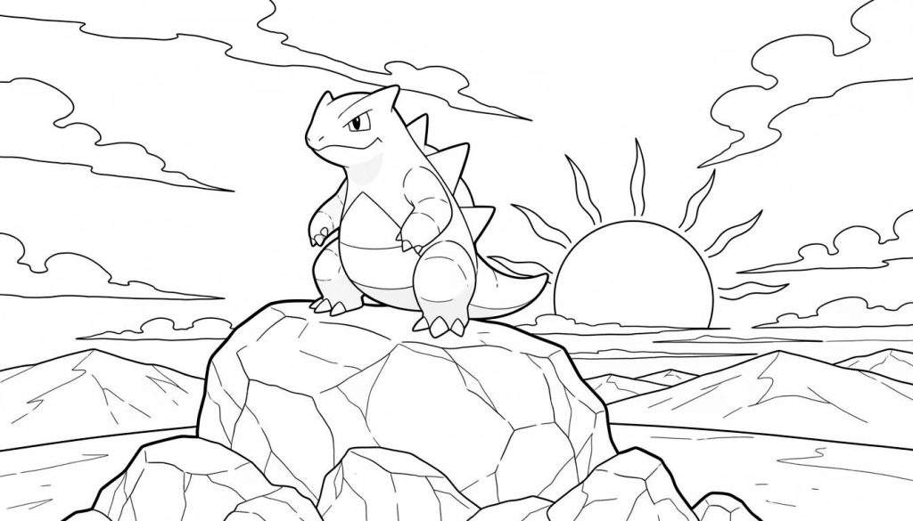 Zwart-wit kleurplaat van de Pokémon Tyranitar, staand op een grote rots in een ruig berglandschap. Op de achtergrond is een stralende zon te zien met scherpe bergtoppen en wolken.