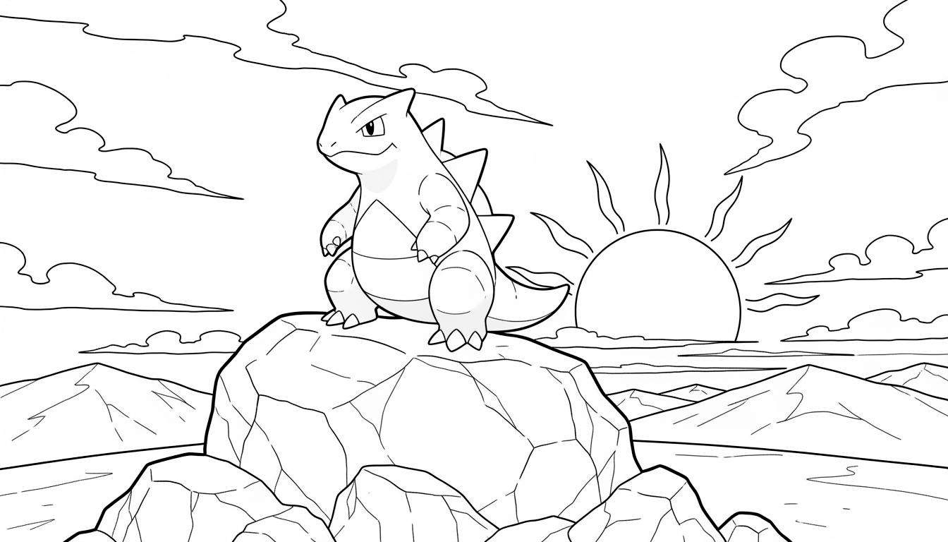 Zwart-wit kleurplaat van de Pokémon Tyranitar, staand op een grote rots in een ruig berglandschap. Op de achtergrond is een stralende zon te zien met scherpe bergtoppen en wolken.