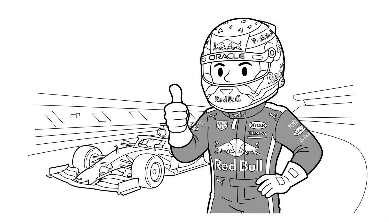 Zwart-witte kleurplaat van een vrolijke Formule 1 coureur in Red Bull racepak en helm, met duim omhoog. Achter de coureur staat een gedetailleerde F1 racewagen. De achtergrond toont gestileerde lijnen van een circuit. Logos zoals ORACLE, Red Bull en HONDA zijn zichtbaar.