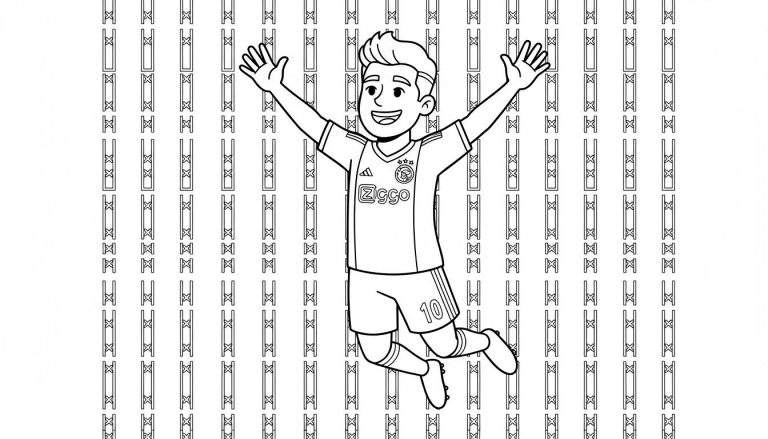 Zwart-wit kleurplaat van een juichende jonge Ajax voetballer met rugnummer 10 en Ziggo-sponsor, springend in de lucht