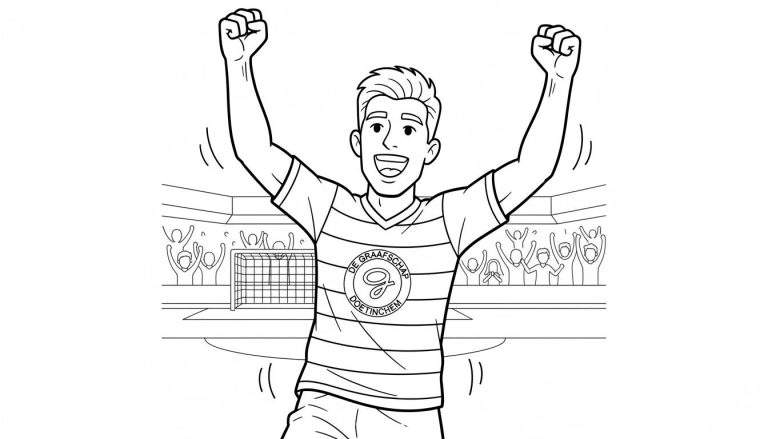 Kleurplaat van een uitbundig juichende De Graafschap voetballer met clublogo in een voetbalstadion vol juichend publiek.