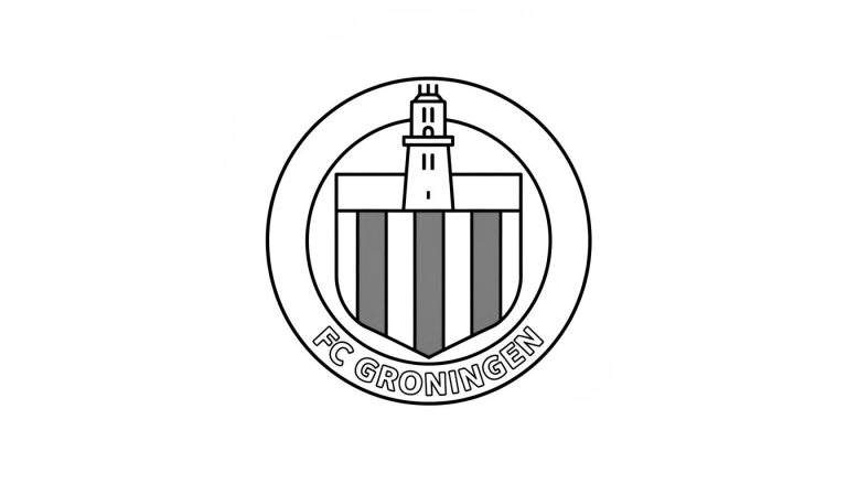 Lijntekening van het ronde FC Groningen logo met de Martinitoren, een wapenschild met afwisselend witte en grijze strepen, en de tekst 'FC GRONINGEN'.