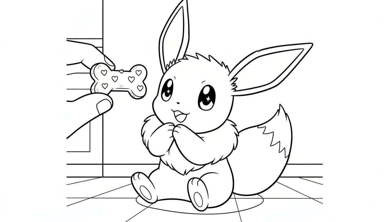 Zwart-wit kleurplaat van Eevee die blij en verwachtingsvol omhoog kijkt naar een hand die een botvormig koekje met hartjes vasthoudt.