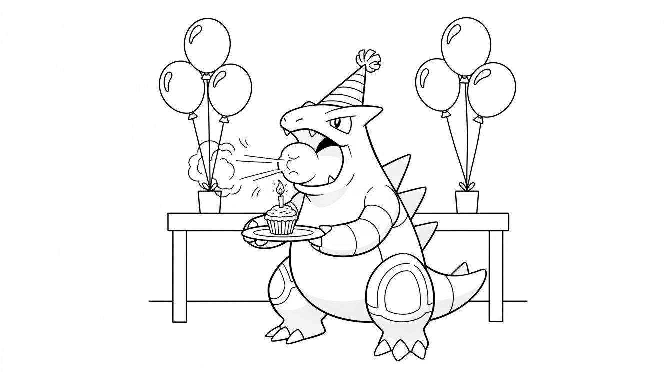 Kleurplaat van een Feraligatr-achtig Pokémon-wezen met feestmuts, dat een kaarsje op een cupcake uitblaast. Achter hem staan ballonnen op een tafel.