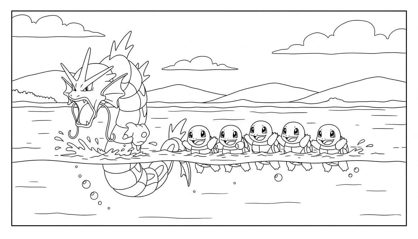 Kleurplaat van een dreigende Gyarados die uit het water springt, met zes vrolijke Squirtles die rechts in een rij zwemmen. Achtergrond toont water, heuvels en wolken.