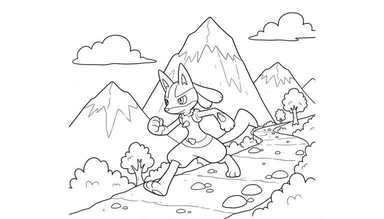 Kleurplaat: Lucario rent vastberaden door bergachtig landschap met stenen en bomen.