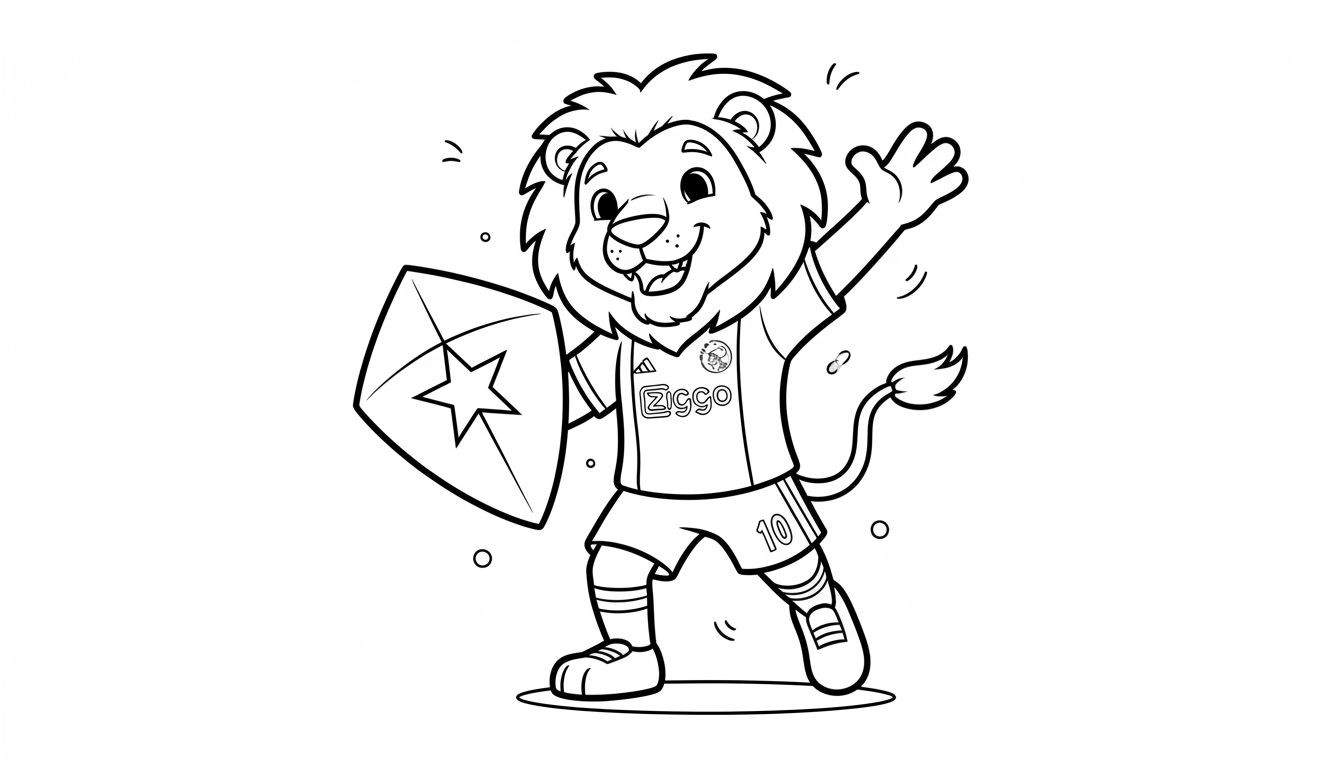 Kleurplaat van vrolijke Ajax leeuw mascotte in voetbaltenue met nummer 10, Ziggo en Adidas logo's, zwaait en houdt Ajax-schild vast.