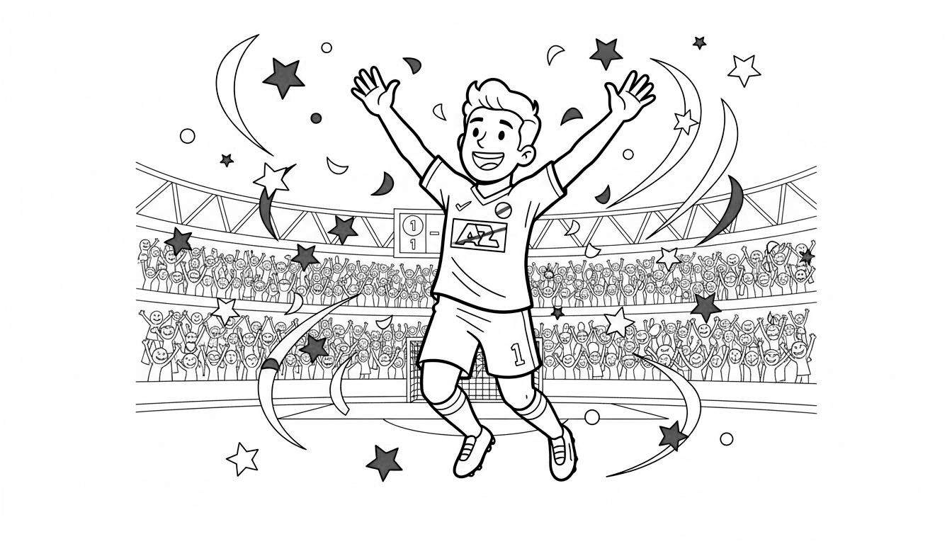 Kleurplaat van een lachende AZ-voetballer (nummer 1) die juichend omhoog springt in een stadion met juichend publiek en confetti.