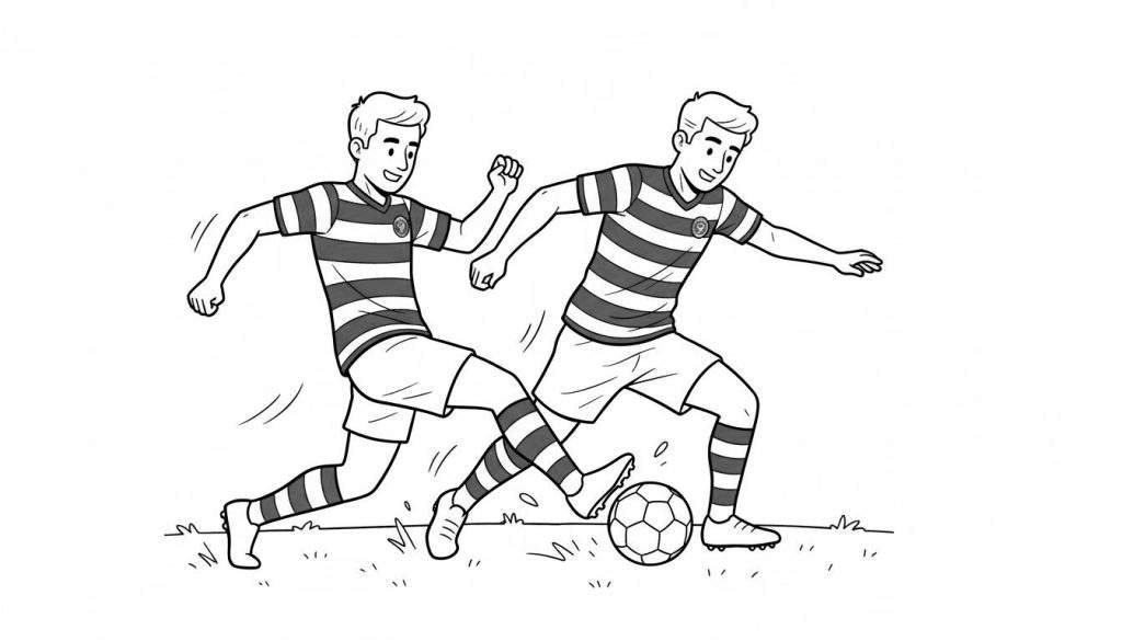 Zwart-witte tekening van twee jonge voetballers in actie. De speler rechts dribbelt een voetbal met zijn rechtervoet, terwijl de speler links naast hem rent. Beide dragen gestreepte shirts, korte broeken, gestreepte sokken en voetbalschoenen, hebben kort haar en glimlachen vrolijk. Rondom hen zijn streepjes getekend die beweging en snelheid aanduiden, met lijnen onderaan die de grond of gras voorstellen.
