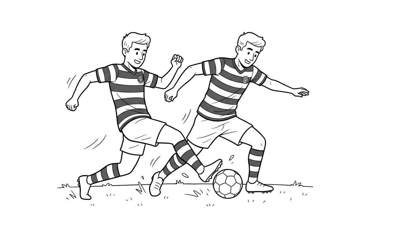 Zwart-witte tekening van twee jonge voetballers in actie. De speler rechts dribbelt een voetbal met zijn rechtervoet, terwijl de speler links naast hem rent. Beide dragen gestreepte shirts, korte broeken, gestreepte sokken en voetbalschoenen, hebben kort haar en glimlachen vrolijk. Rondom hen zijn s