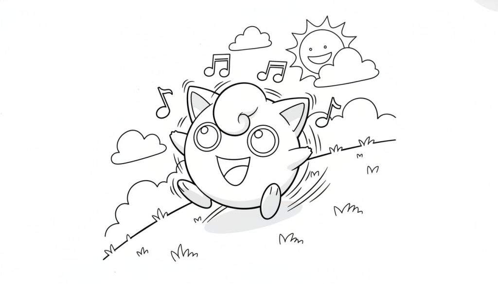 Kleurplaat van Jigglypuff die vrolijk zingt, omringd door muzieknoten, met een lachende zon en wolken boven en gras onderaan.