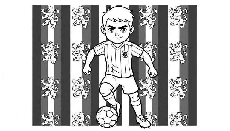 Zwart-wit kleurplaat van een Willem II voetballer met leeuwenwapenschild en voetbal, tegen een gestreepte achtergrond met herhaalde witte klimmende leeuwen.