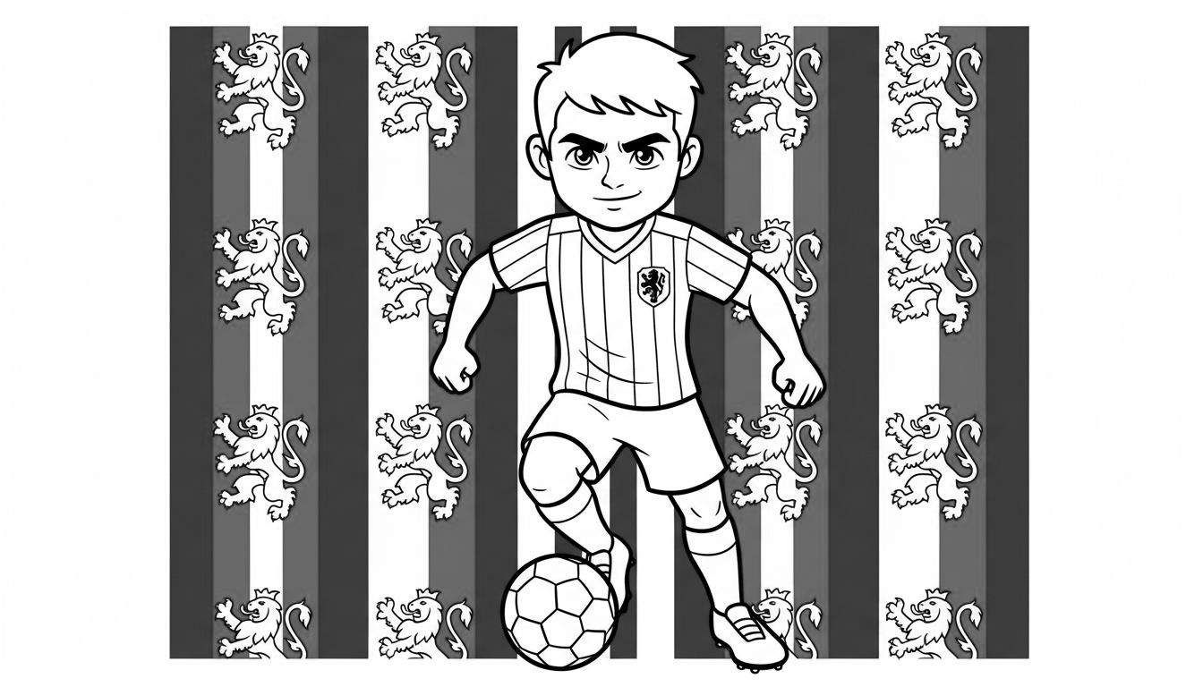 Zwart-wit kleurplaat van een Willem II voetballer met leeuwenwapenschild en voetbal, tegen een gestreepte achtergrond met herhaalde witte klimmende leeuwen.