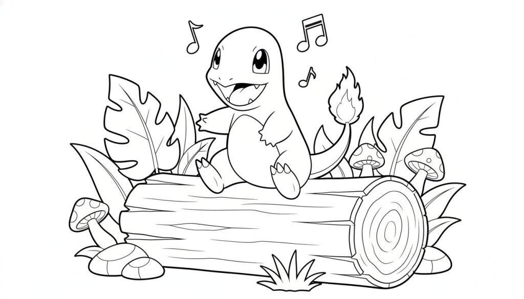 Zwart-wit kleurplaat van een lachende Charmander met vlam op zijn staart, zittend op een omgevallen boomstam met muzieknoten, bladeren en gestippelde paddenstoelen eromheen in een natuurlijke setting.