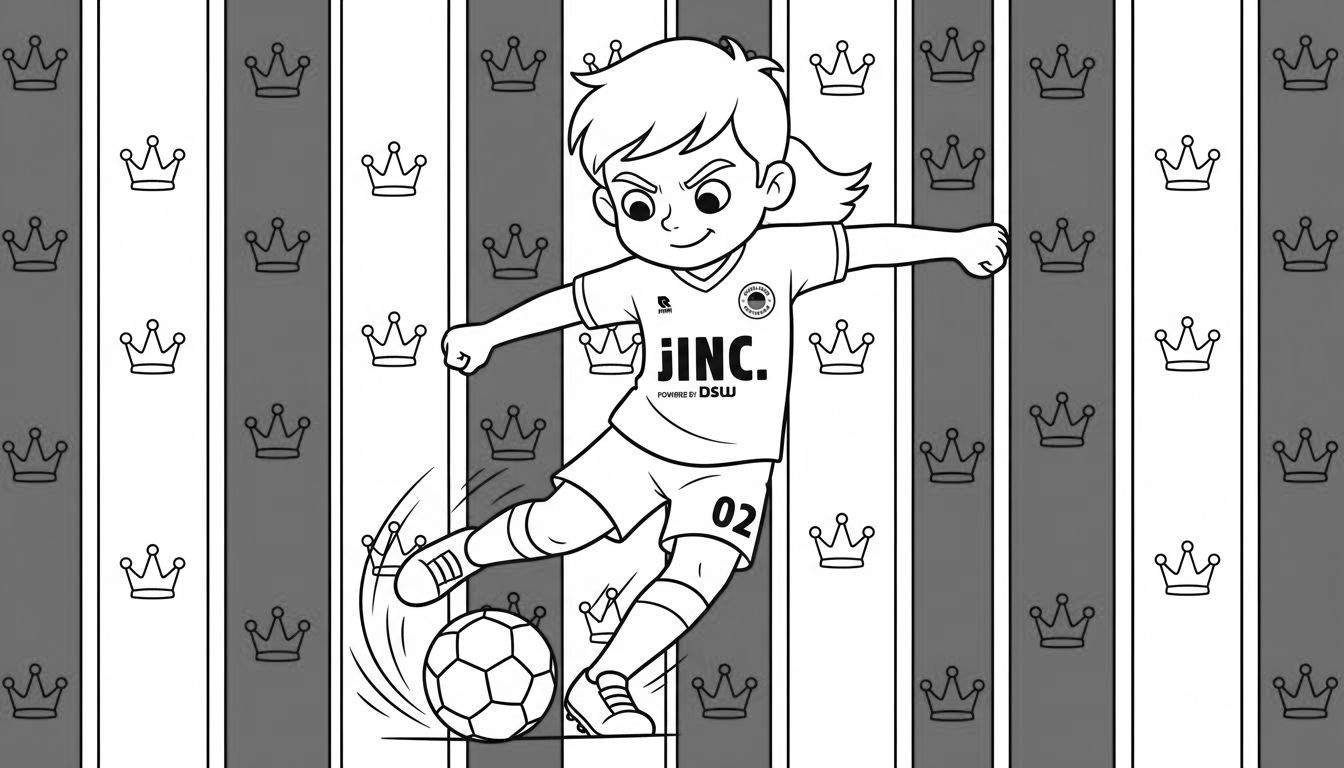 Zwart-wit kleurplaat van een kind in Excelsior voetbaltenue, schopt een bal met zijn/haar linkerbeen. Het shirt heeft JINC- en DSW-logo's, de achtergrond toont grijze banen met kleine kroontjes.