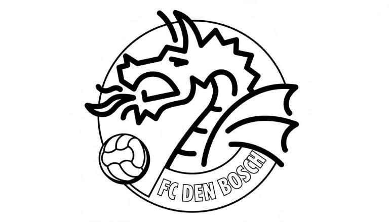 Zwart-wit lijntekening van het FC Den Bosch logo: een gestileerde draak in profiel, omringd door een cirkel, met een voetbal en de tekst "FC DEN BOSCH".