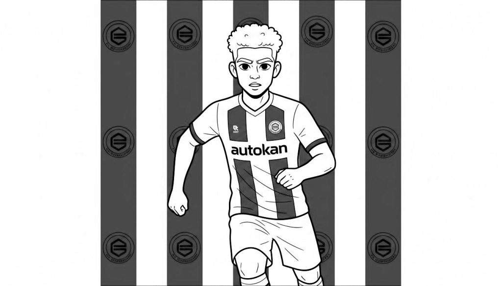 Kleurplaat van een jonge FC Groningen voetballer in actieve pose, draagend een wit thuistenue met donkere strepen, 'AUTOKAN' sponsorlogo en clublogo met een 'E', tegen een gestreepte achtergrond met watermerken.