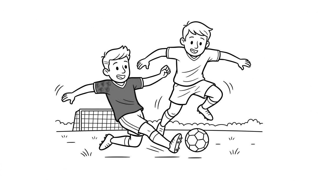 Zwart-wit lijntekening van twee lachende jongens in voetbaltenues die een dynamische voetbalwedstrijd spelen op een grasveld, met een jongen die een sliding maakt en de ander rent, en een voetbaldoel op de achtergrond. Thema: FC Twente.