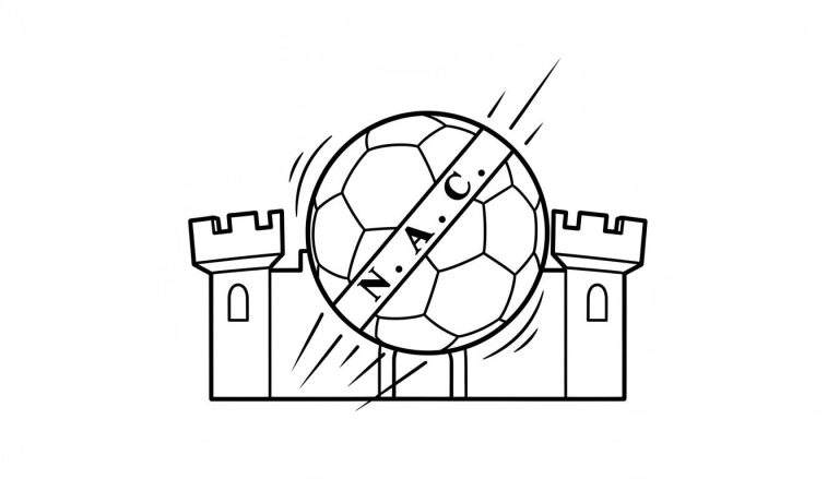 Zwart-witte kleurplaat van het NAC Breda logo met een voetbal, twee torens en de tekst 'N. A. C.', omringd door bewegingslijnen.