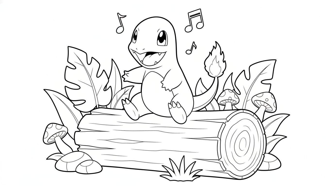 Zwart-wit kleurplaat van een lachende Charmander met vlam op zijn staart, zittend op een omgevallen boomstam met muzieknoten, bladeren en gestippelde paddenstoelen eromheen in een natuurlijke setting.
