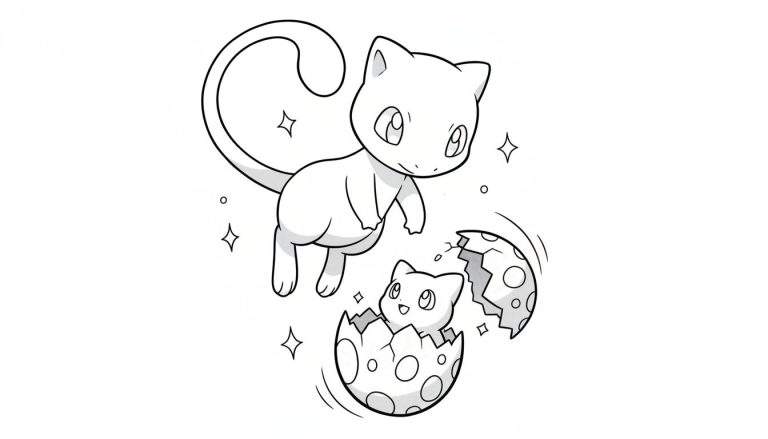 Zwart-wit kleurplaat van een zwevende grote Mew die kijkt naar een baby Mew die uit een maan-patroon ei kruipt, omringd door sterren.