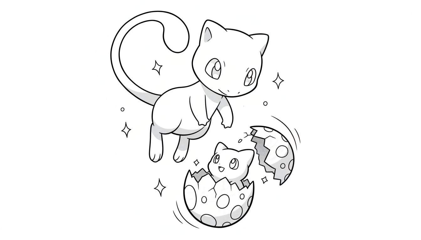 Zwart-wit kleurplaat van een zwevende grote Mew die kijkt naar een baby Mew die uit een maan-patroon ei kruipt, omringd door sterren.