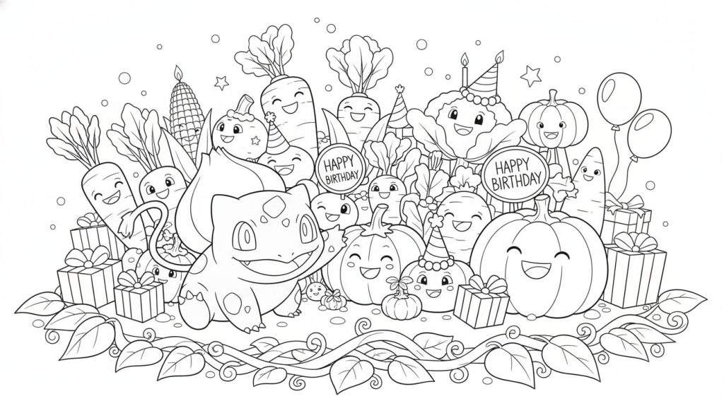 Zwart-witte lijntekening: Bulbasaur viert verjaardag, lachend, omringd door vrolijke groenten met feestmutsen en kaarsen, cadeaus, ballonnen, 'HAPPY BIRTHDAY' teksten en confetti. Een feestelijke kleurplaat.