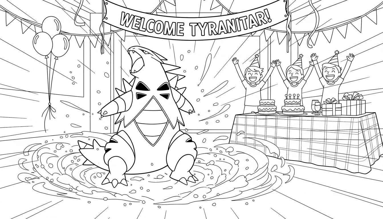 Kleurplaat: Tyranitar komt energiek uit water/grond tevoorschijn, omringd door spetters en confetti, begroet door drie juichende figuren met feestmutsen, een tafel met taarten en cadeaus, en zwevende ballonnen. Spandoek: 'WELCOME TYRANITAR!'