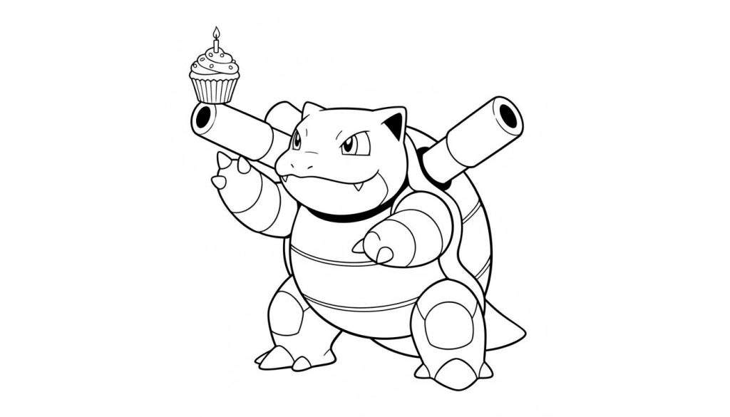 Zwart-wit kleurplaat van Blastoise, een schildpad-achtige Pokémon, die rechtop staat en een feestelijke cupcake met een brandende kaars op de loop van zijn kanon vasthoudt.