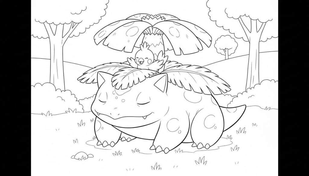 Zwart-wit kleurplaat van een slapende Venusaur met een blij vogeltje op zijn bloem, omringd door natuur.