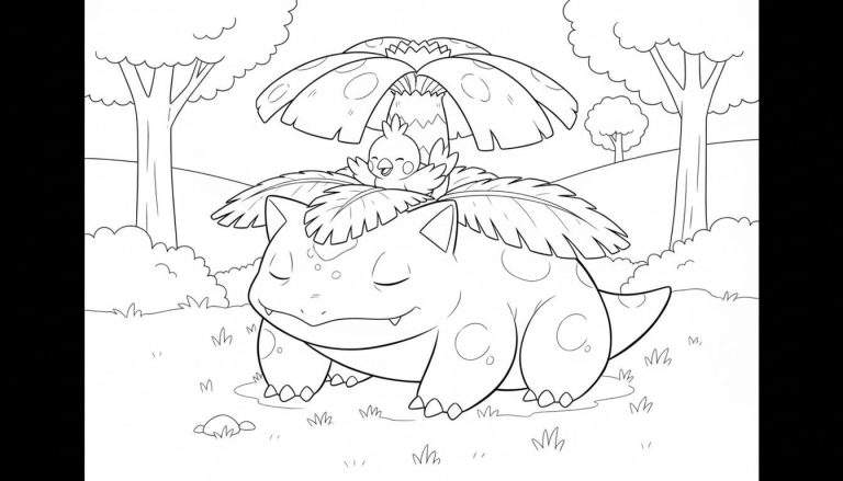 Zwart-wit kleurplaat van een slapende Venusaur met een blij vogeltje op zijn bloem, omringd door natuur.