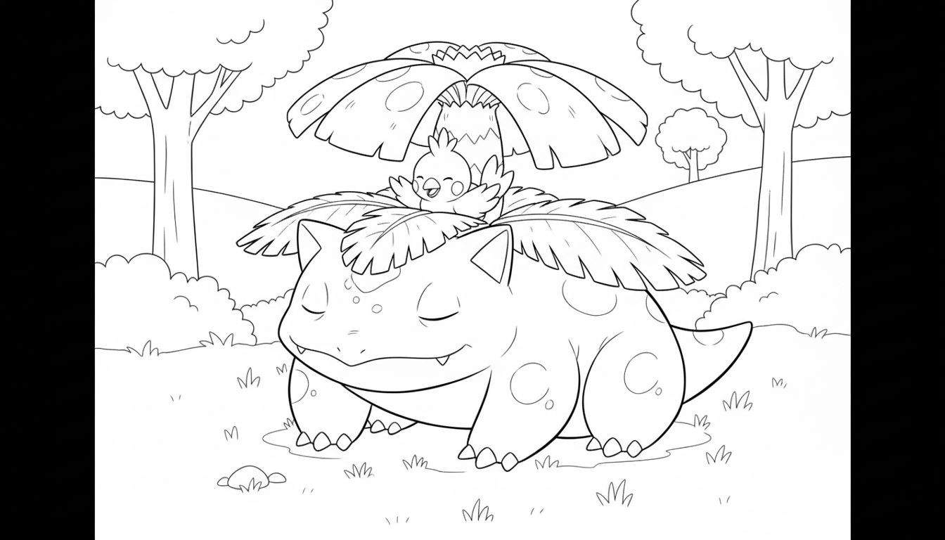 Zwart-wit kleurplaat van een slapende Venusaur met een blij vogeltje op zijn bloem, omringd door natuur.