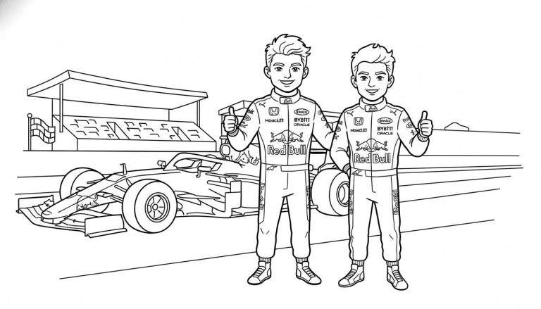 Kleurplaat van twee Red Bull F1-coureurs die duimen opsteken voor een Formule 1-raceauto op een circuit met tribune en finishvlag.