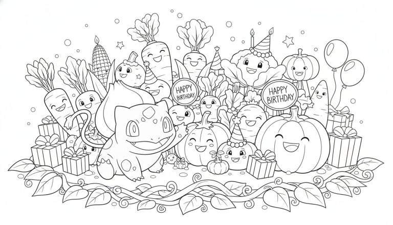 Zwart-witte lijntekening: Bulbasaur viert verjaardag, lachend, omringd door vrolijke groenten met feestmutsen en kaarsen, cadeaus, ballonnen, 'HAPPY BIRTHDAY' teksten en confetti. Een feestelijke kleurplaat.