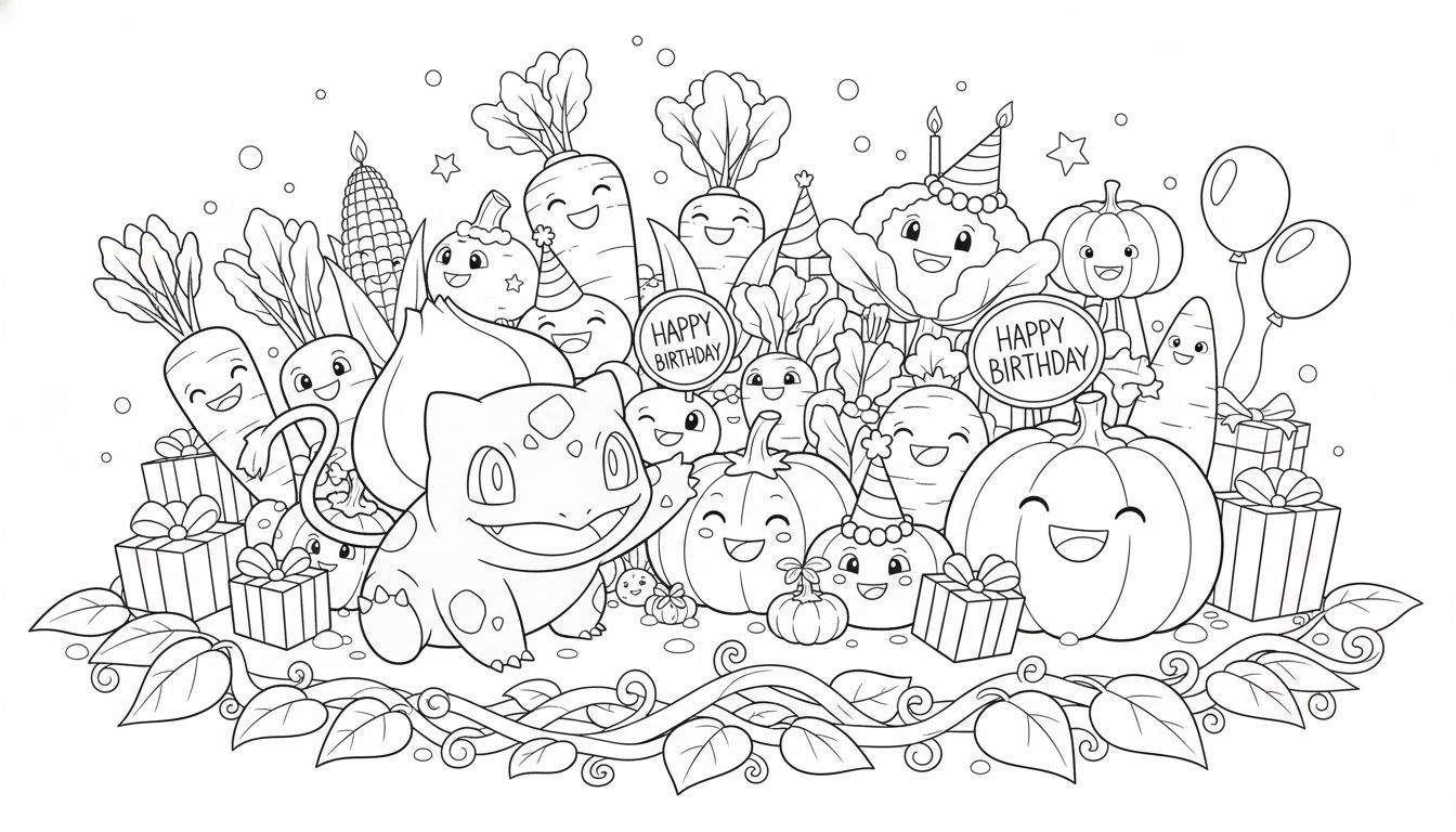 Zwart-witte lijntekening: Bulbasaur viert verjaardag, lachend, omringd door vrolijke groenten met feestmutsen en kaarsen, cadeaus, ballonnen, 'HAPPY BIRTHDAY' teksten en confetti. Een feestelijke kleurplaat.