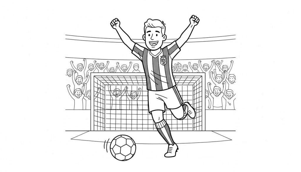 Kleurplaat van een juichende Willem II voetballer in een stadion na een doelpunt, met juichende fans en een voetbal op de voorgrond.