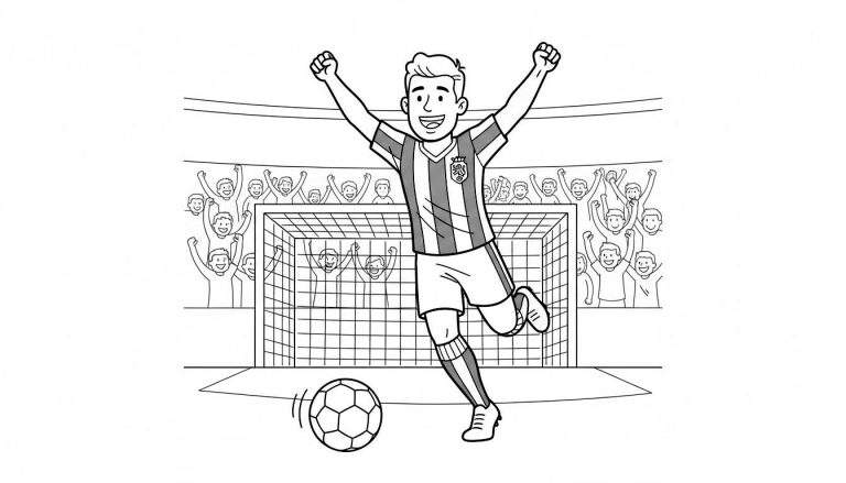 Kleurplaat van een juichende Willem II voetballer in een stadion na een doelpunt, met juichende fans en een voetbal op de voorgrond.