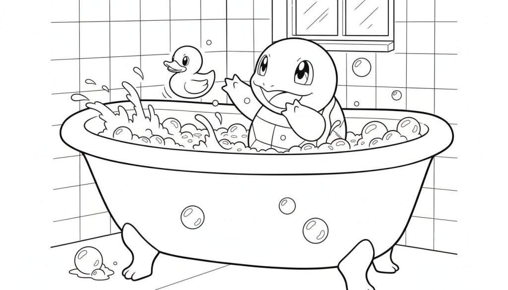 Zwart-wit kleurplaat van de Pokémon Squirtle die vrolijk in een badkuip met schuim en zeepbellen zit, naast een badeendje.