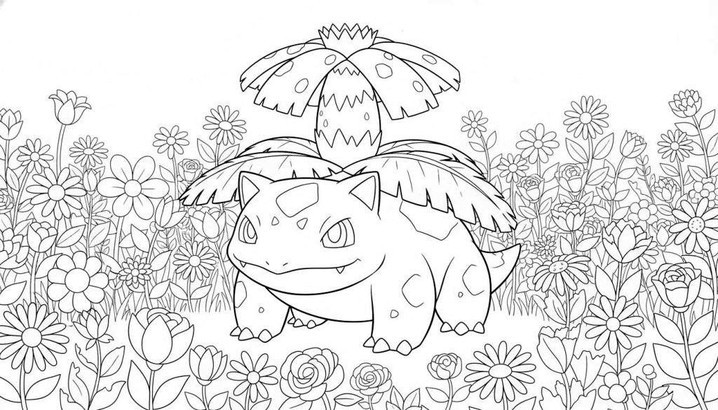 Kleurplaat van Ivysaur, een Pokémon, met een glimlach in een dicht bloemenveld vol madeliefjes, rozen en tulpenknoppen.
