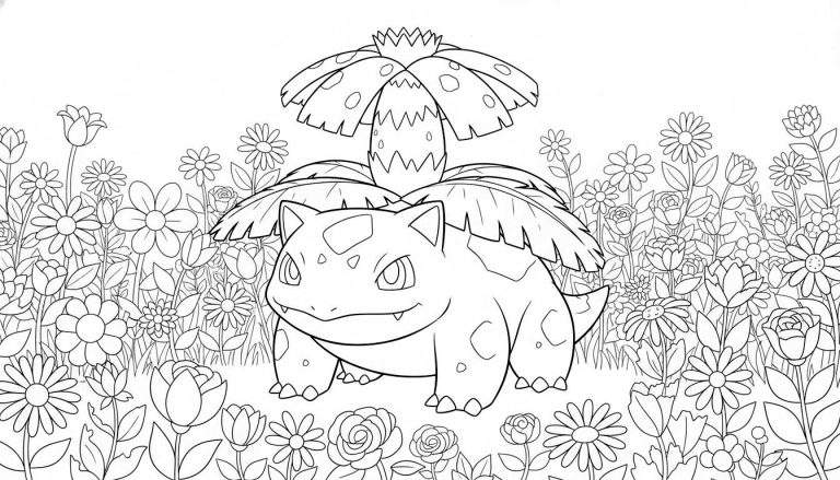 Kleurplaat van Ivysaur, een Pokémon, met een glimlach in een dicht bloemenveld vol madeliefjes, rozen en tulpenknoppen.